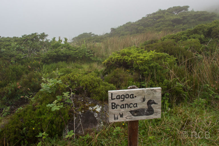 Schild am See Lagoa Branca auf einer Wanderung zwischen den Seen der Hochebene