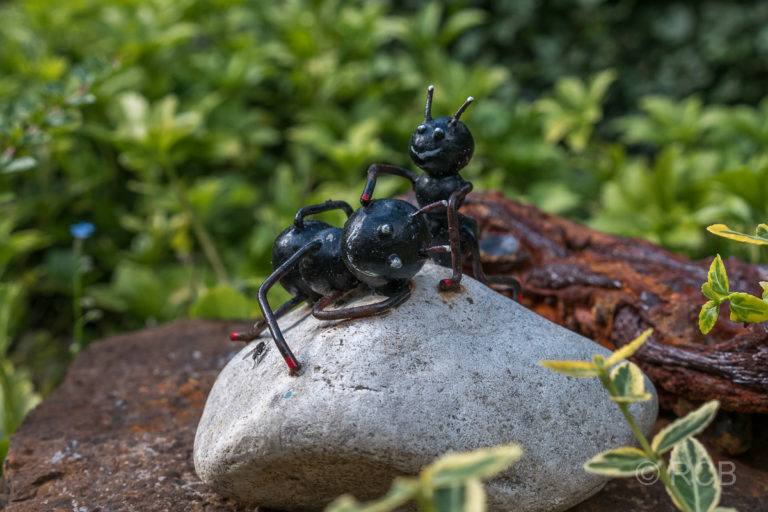 Kieselstein mit der metallenen Figur zweier Ameisen