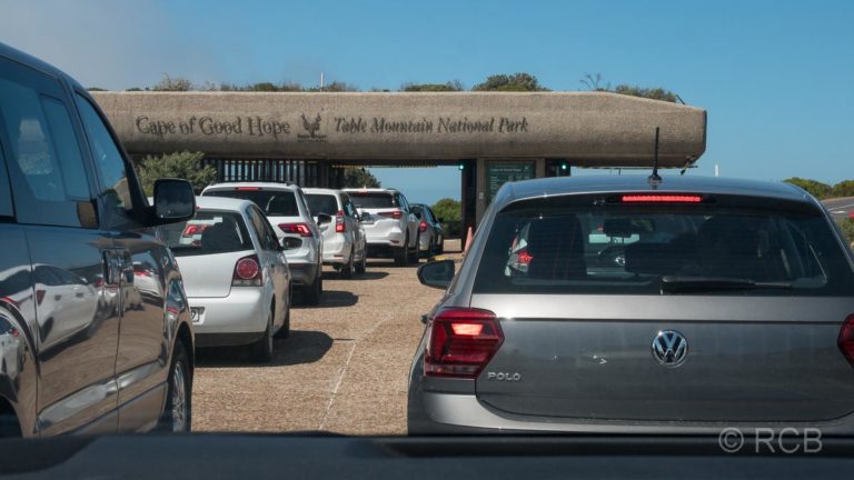 Autoschlange in der Einfahrt zum Table Mountain National Park