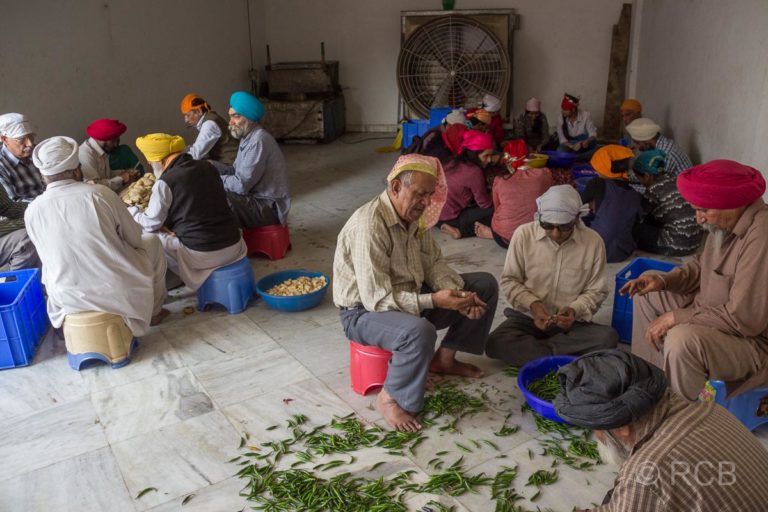 Menschen schneiden Gemüse als Vorbereitungen für die Speisung im Sikh-Tempel Bangla Sahib Gurudwara, Delhi