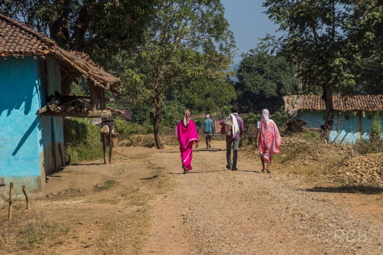Inder spazieren durch ein Dorf in der Nähe des Kanha National Park
