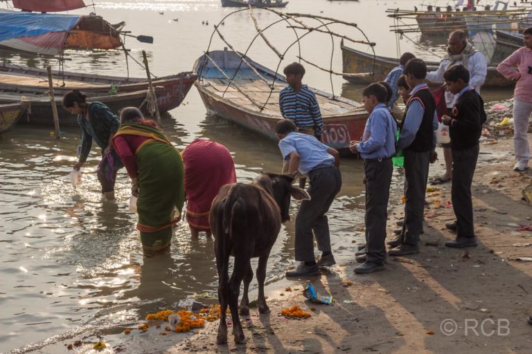 Allahabad, Gläubige schöpfen Wasser am Sangam, dem Zusammenfluss von Ganges und Yamuna