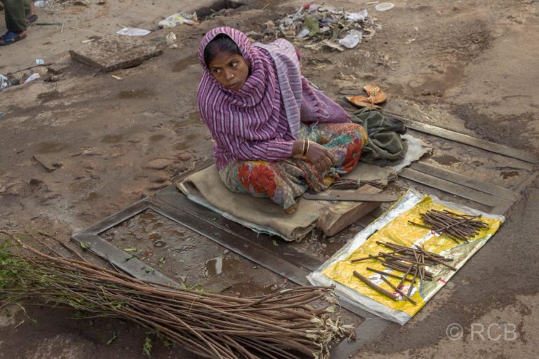 Varanasi, Verkäuferin von Zahnbürsten in der Altstadt