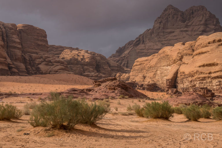 Felsen im Wadi Rum mit dunklen Wolken im Hintergrund