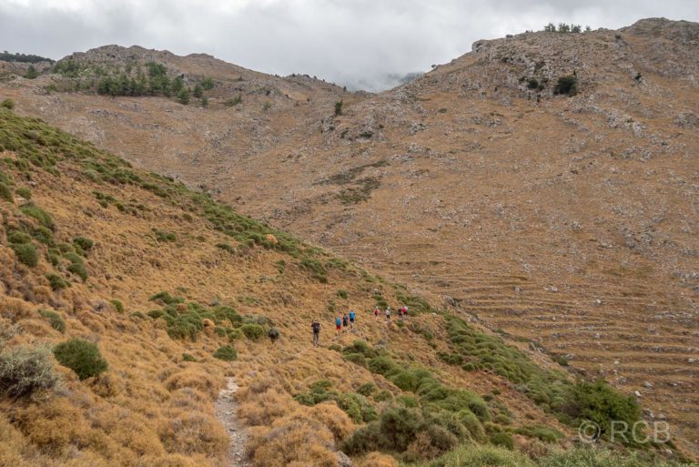 verlassene, terrassierte Felder beim Abstieg nach Porofarago