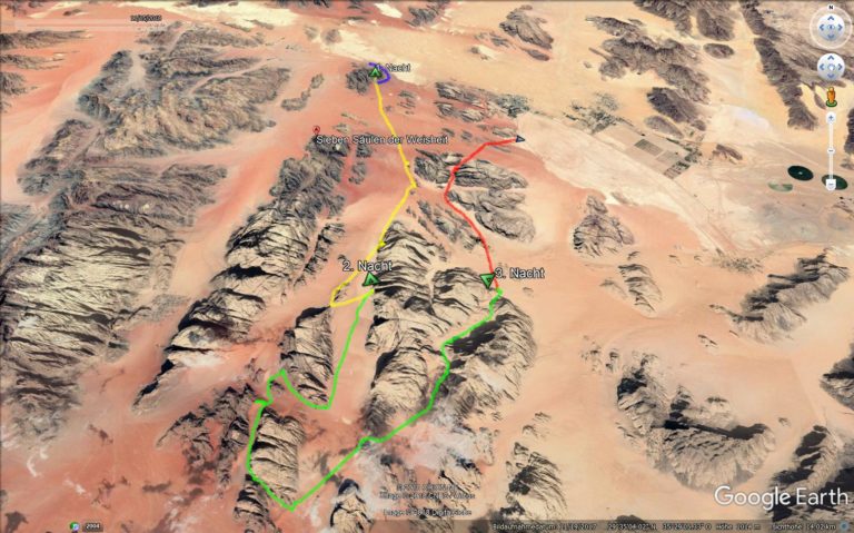 Google Earth-Karte einer Route der 3½-Tage-Wanderung im Wadi Rum