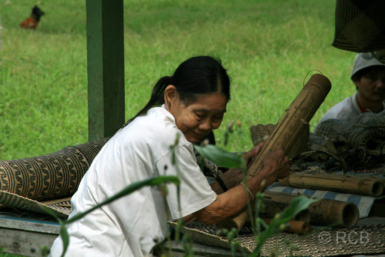 alte Frau vom Stamm der Penan an ihrem Stand mit Kunsthandwerk für Touristen, Mulu Nationalpark