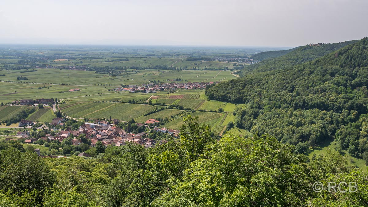 Blick über Leinsweiler (vorn), Eschbach (dahinter) und die Weinstraße