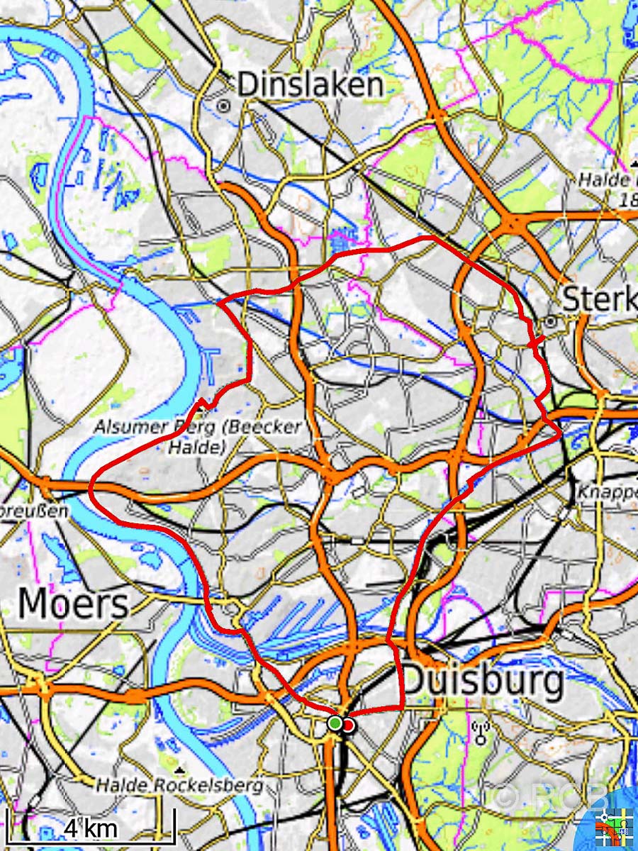Track der Radtour von Duisburg am Rhein entlang, über die HOAG-Trasse und zurück entlang des Rhein-Herne-Kanals