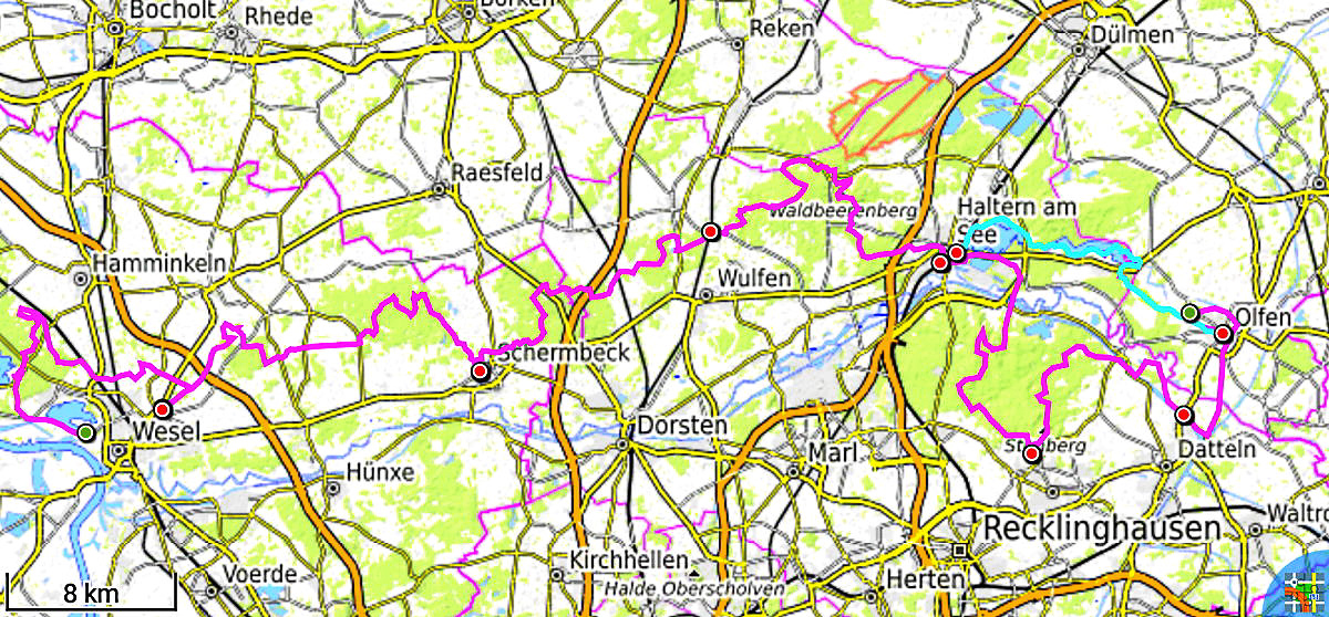 Trackaufzeichnung meiner Wanderung auf dem Hohe Mark Steig von Wesel nach Olfen
