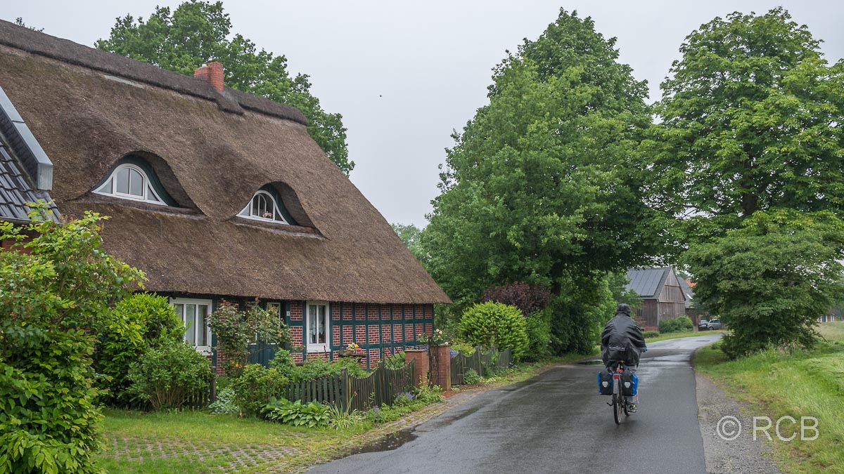Radfahrer und Reetdachhaus bei Regen