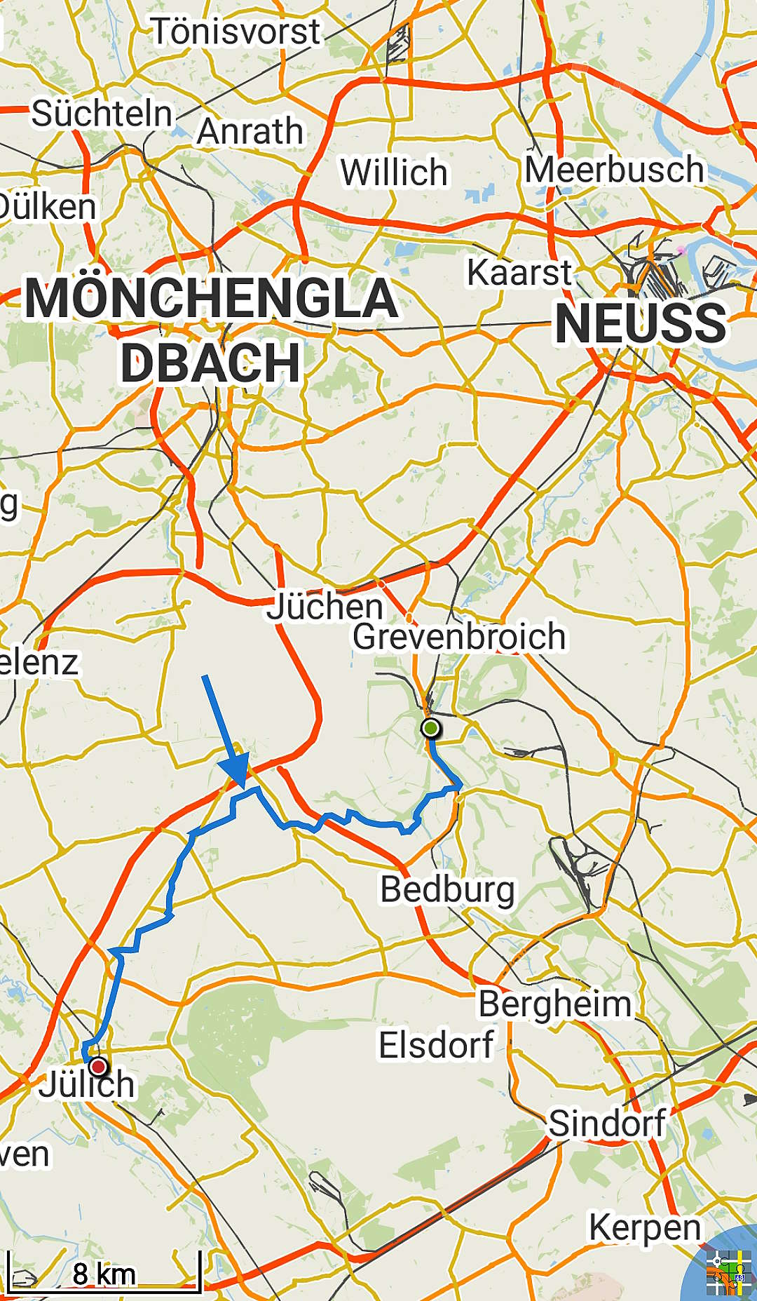 Track meiner Wanderung von Grevenbroich-Frimmersdorf nach Jülich