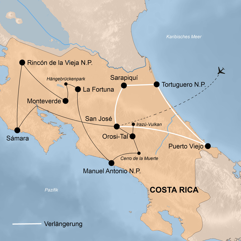 Karte des Reiseveranstalters World Insight mit der Reiseroute durch Costa Rica